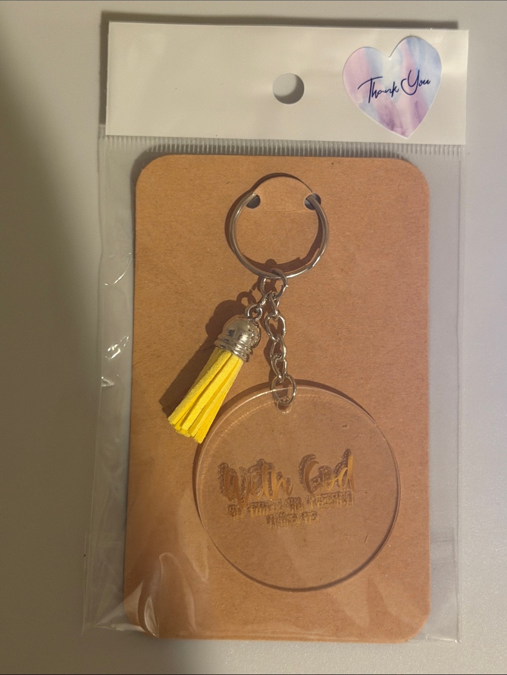 Clear Acrylic Keychain with Yellow Tassel - Inspirational Religious Design
